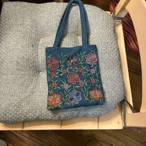 Floral Embroidered Denim Tote Bag